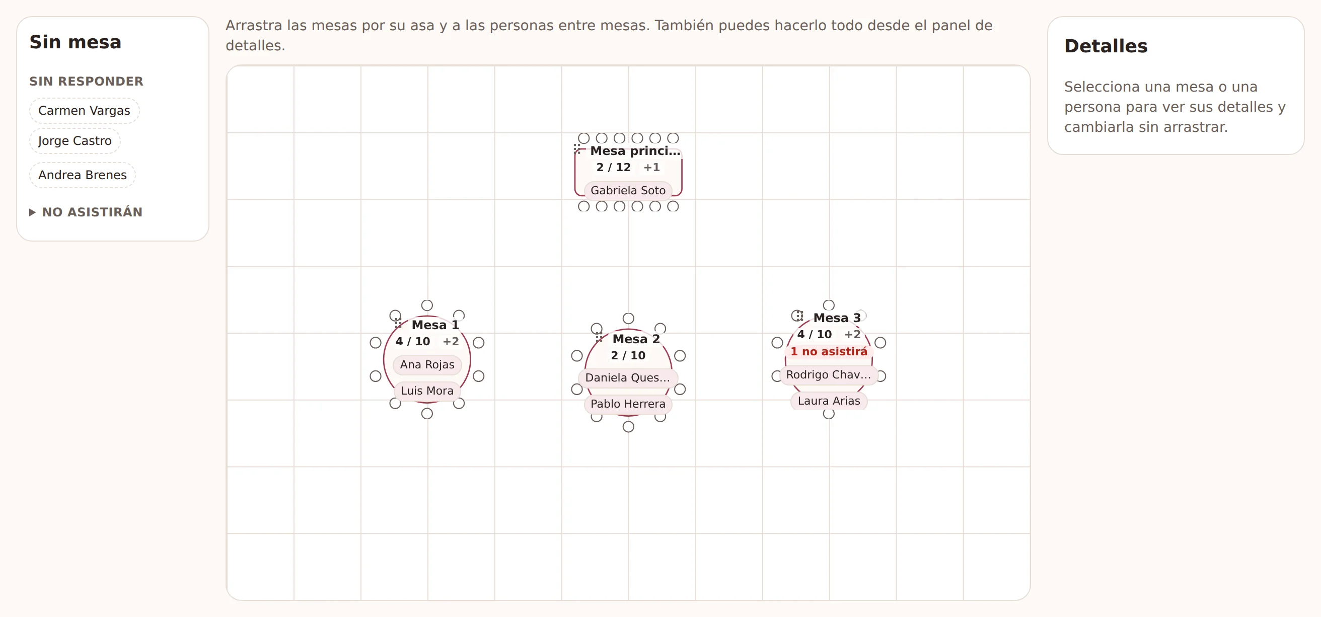 Plano visual de mesas de la misma boda de ejemplo: invitados por sentar a un lado, entre ellos quien no ha respondido, mesas redondas y rectangulares con sus invitados, y una persona sentada que no asistirá señalada en su mesa.