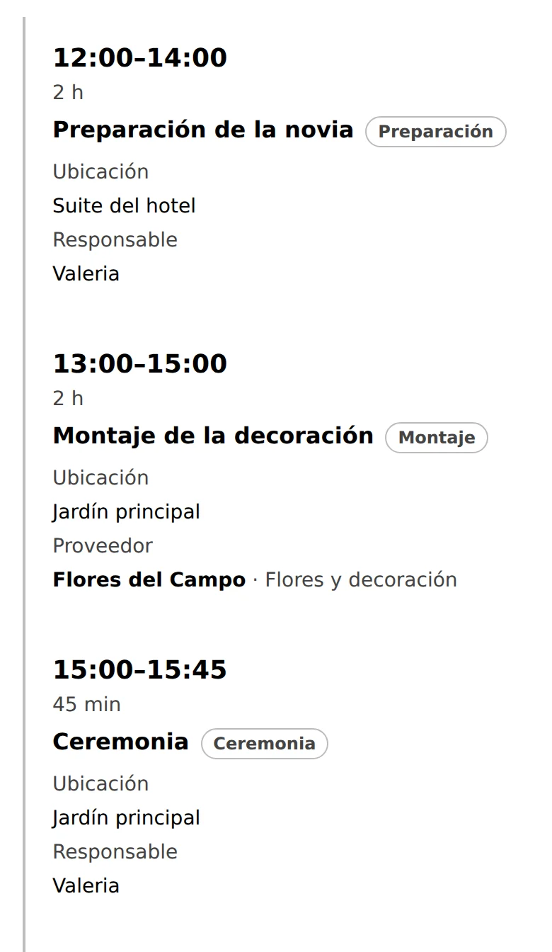 De 12:00 a 15:45: preparación de la novia, montaje de la decoración y ceremonia.