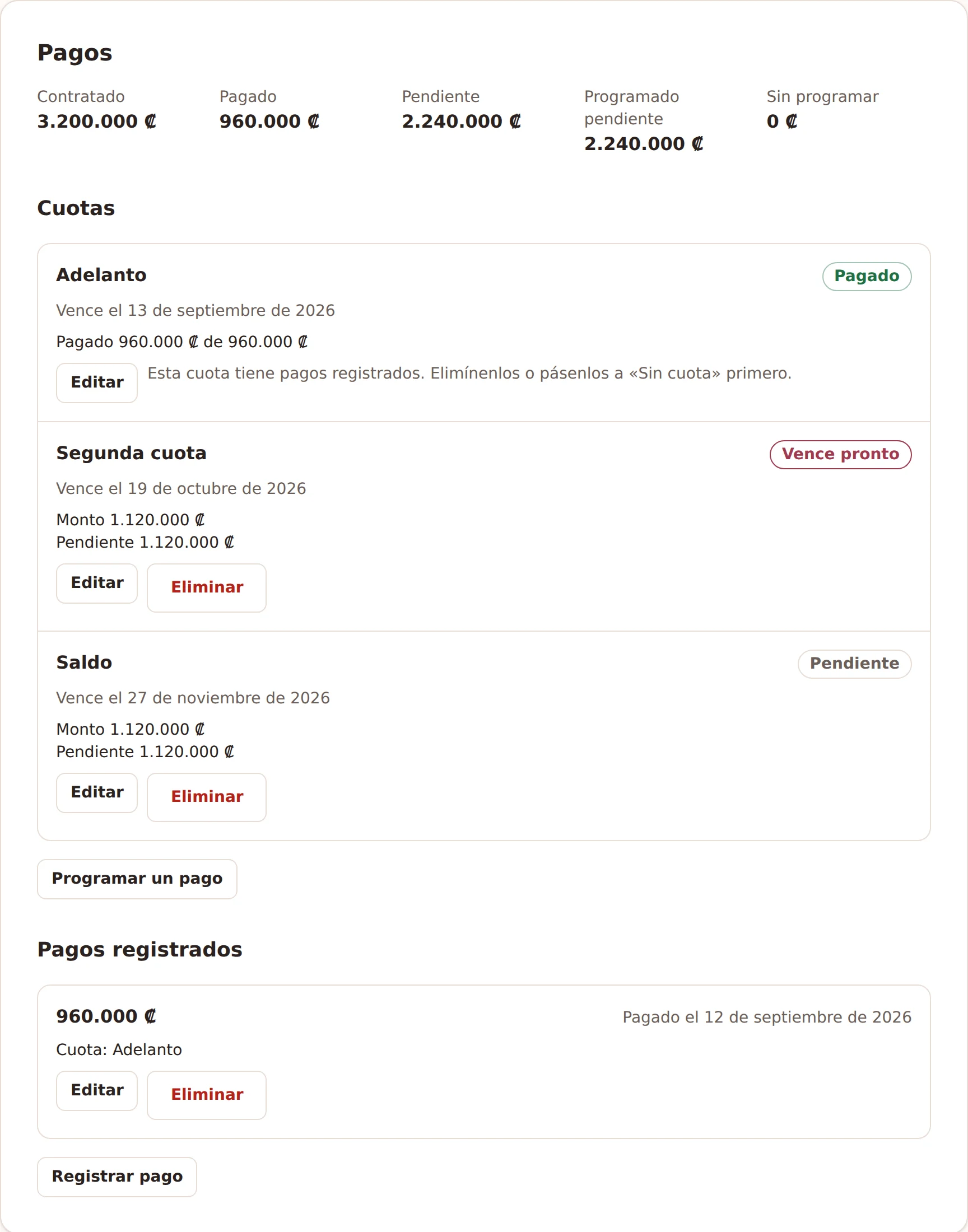 Pagos de un proveedor de ejemplo, un servicio de catering: lo contratado, lo pagado y lo pendiente, y sus cuotas con su estado.